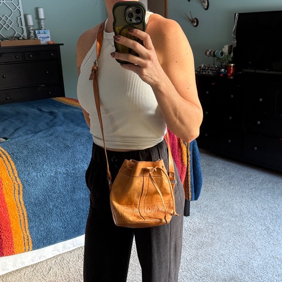 Tan Leather tooled vintage Bucket Bag Brand First Ten west